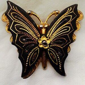 Damascene Butterfly Brooch Pin Vintage Gold Silver Black Metal